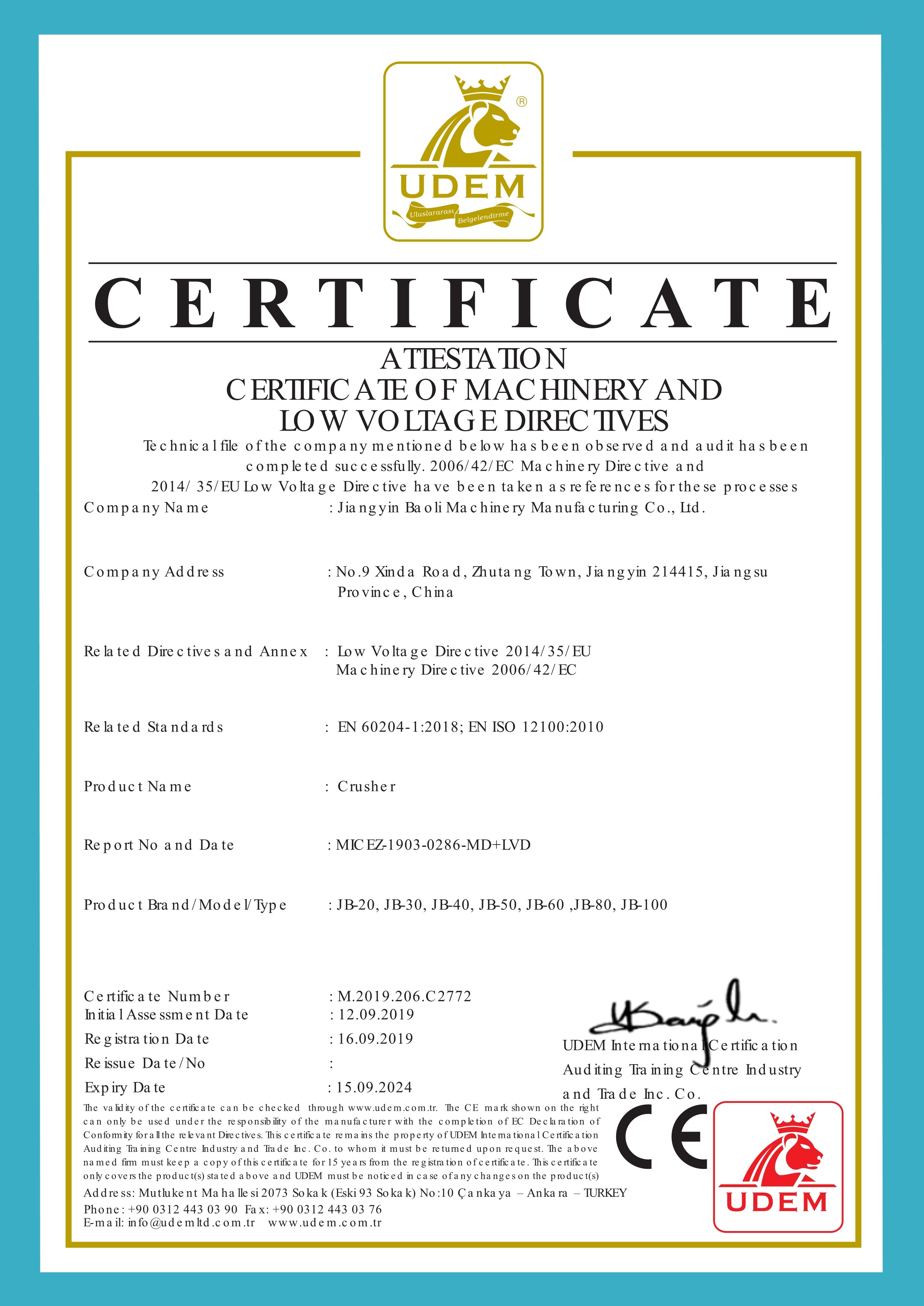 Chine Jiangyin Baoli Machinery Manufacturing Co., Ltd. Certifications