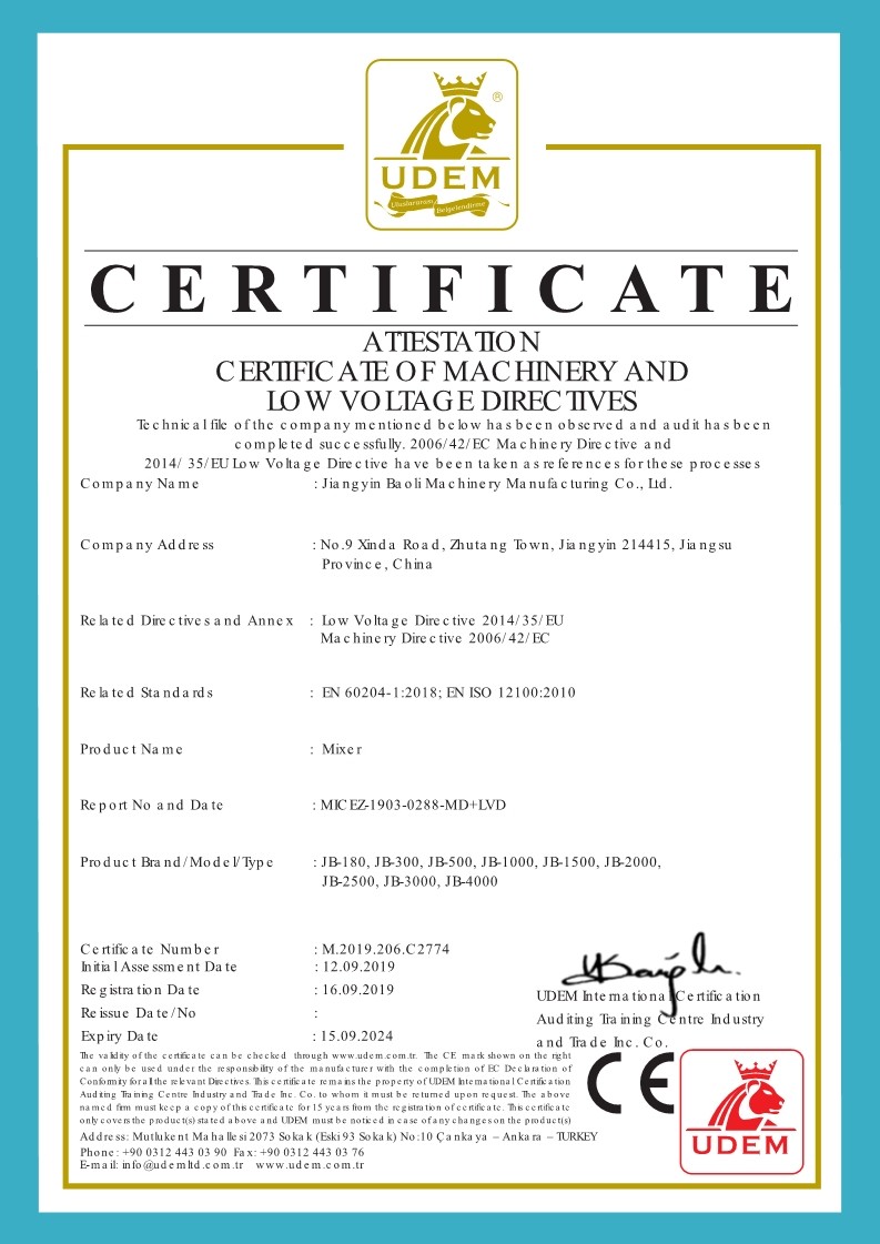 Chine Jiangyin Baoli Machinery Manufacturing Co., Ltd. Certifications