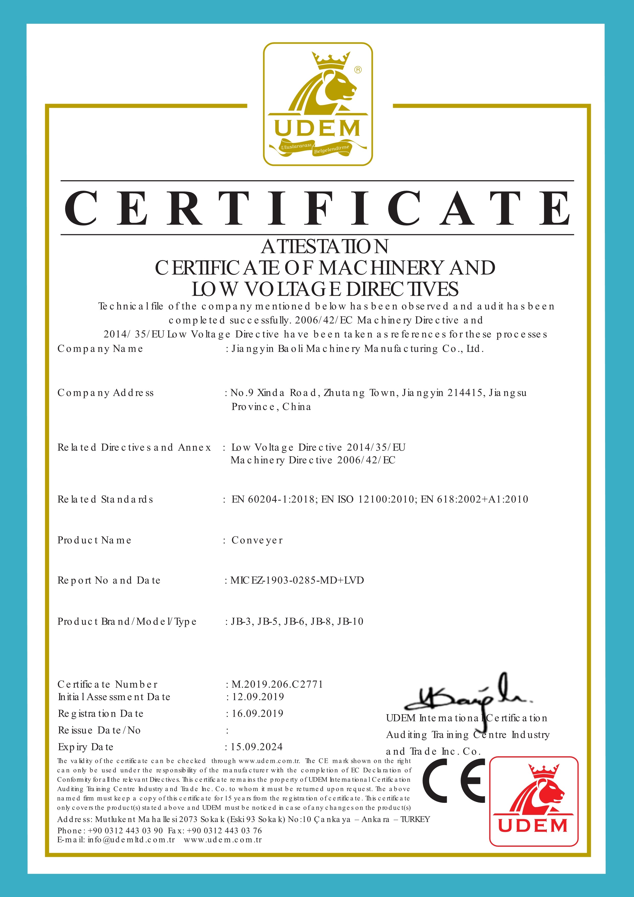 Chine Jiangyin Baoli Machinery Manufacturing Co., Ltd. Certifications